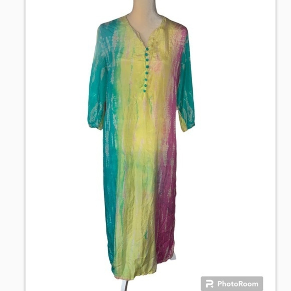 Soft Surroundings Silk Tie-Dye Caftan Dress Cover-Up MuuMu Size Petite Medium